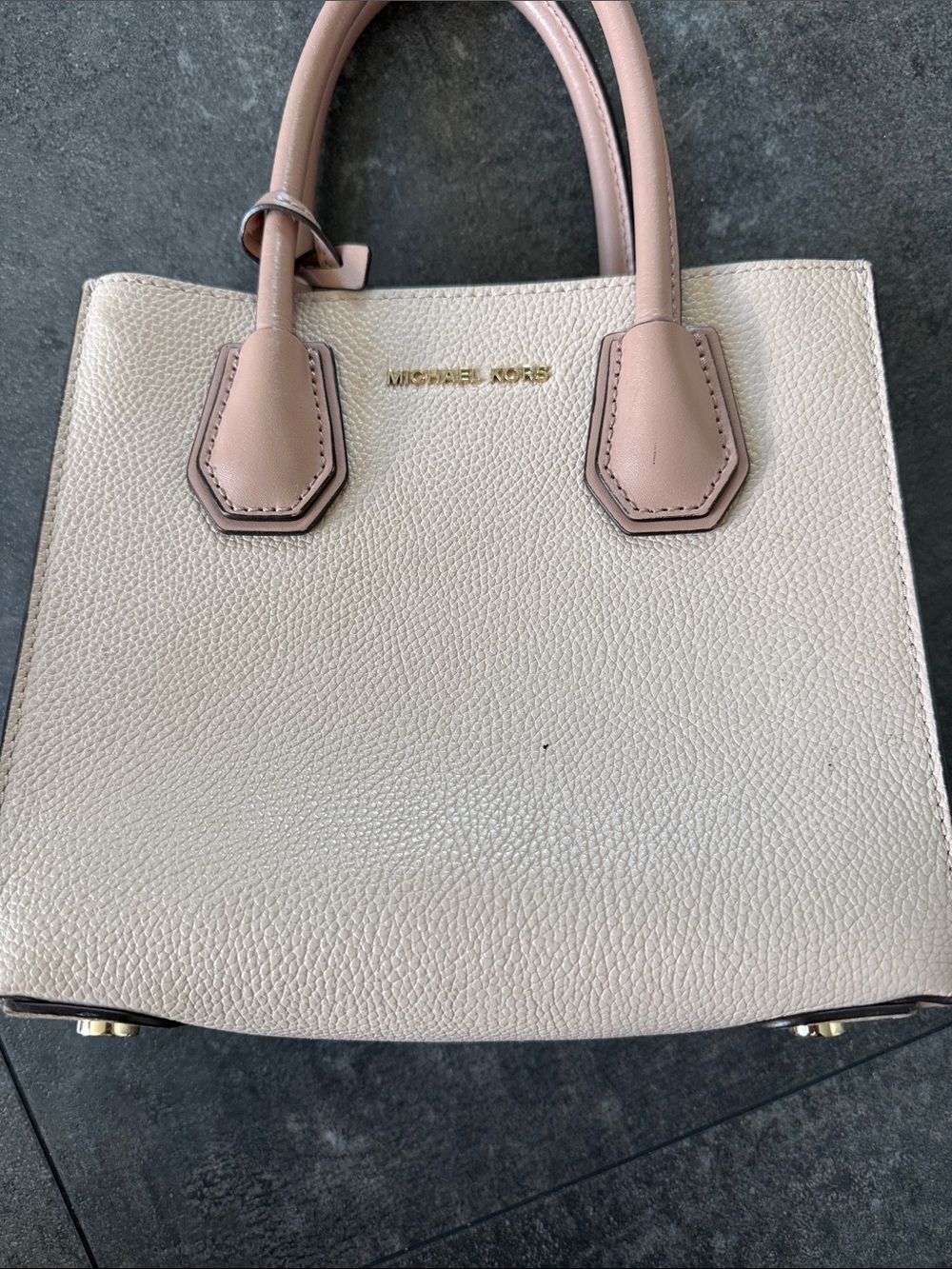 Michael Kors Cream Pebbled Leather Satchel with Blush Pink Handles